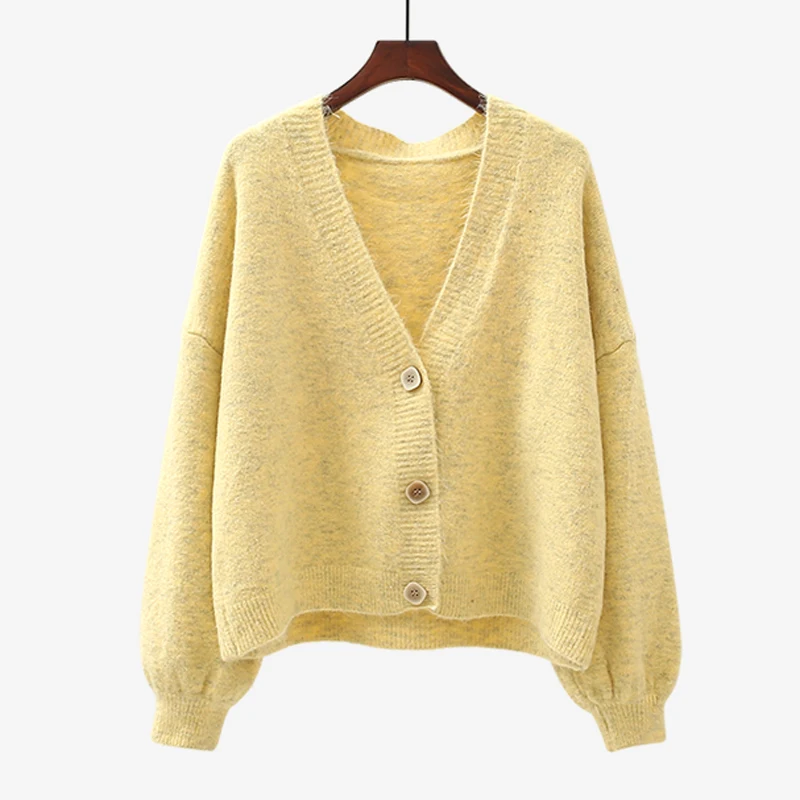 Женский короткий вязаный свитер повседневный однотонный кардиган свободного