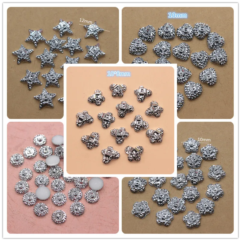 100 шт. серебряные стразы из смолы цветы/сердце/звезда/бабочка/круглая обратная