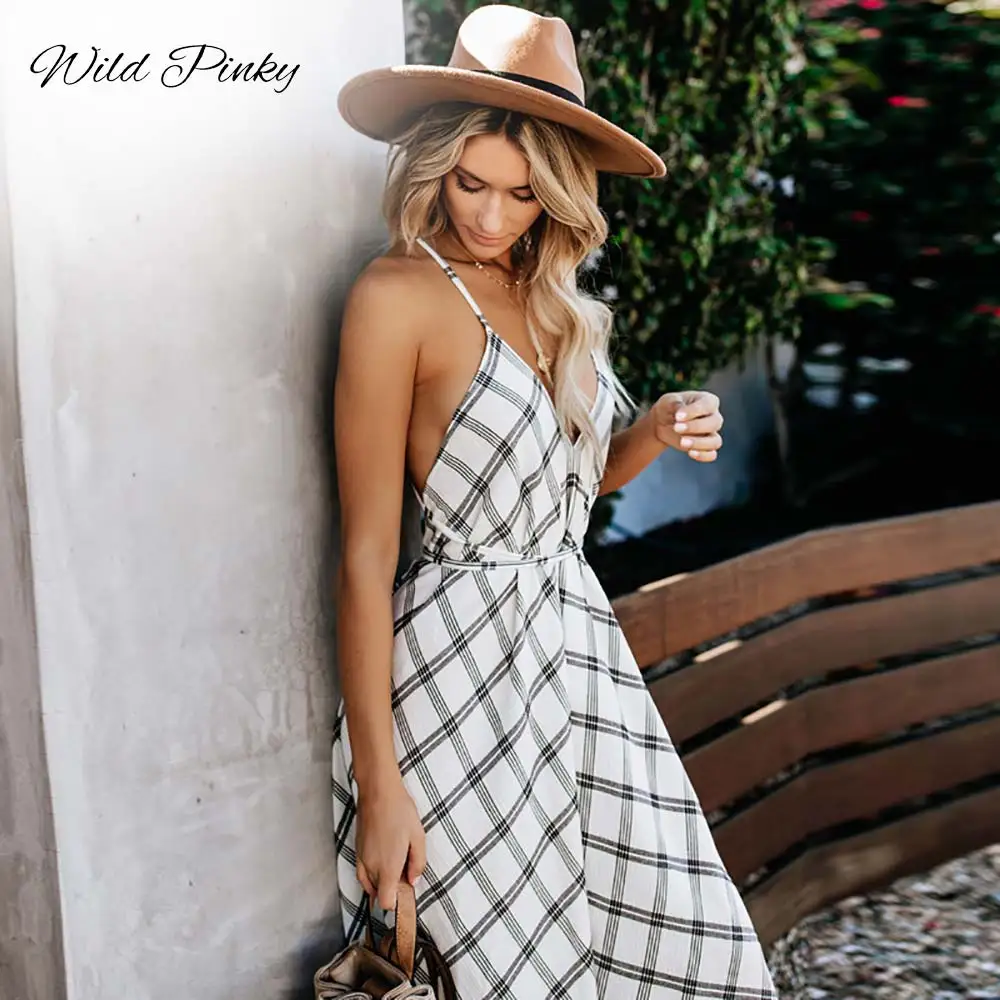 WildPinky Винтаж плед Спагетти ремень Длинные платья Летние Для женщин Повседневное