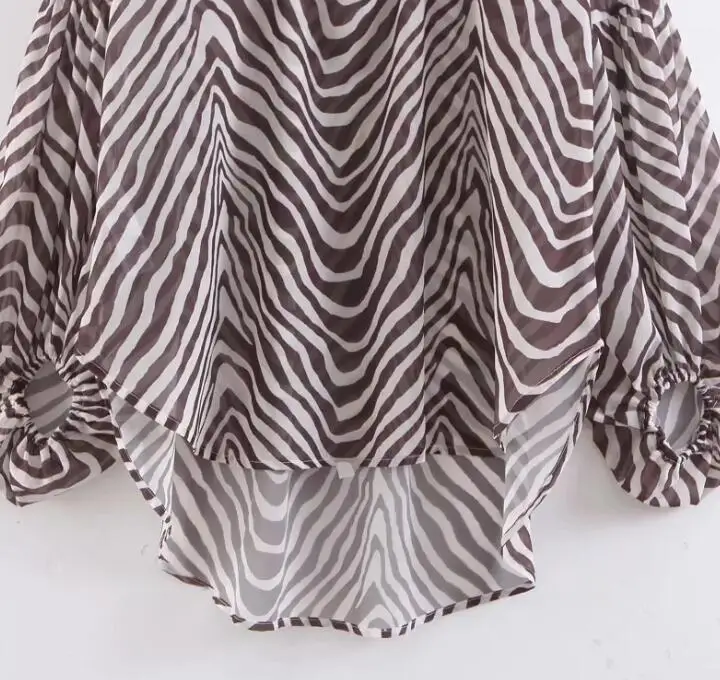 2019 Для женщин Фонари рукава с принтом зебры блузка V-Neck Lace-Up Бохо уличной