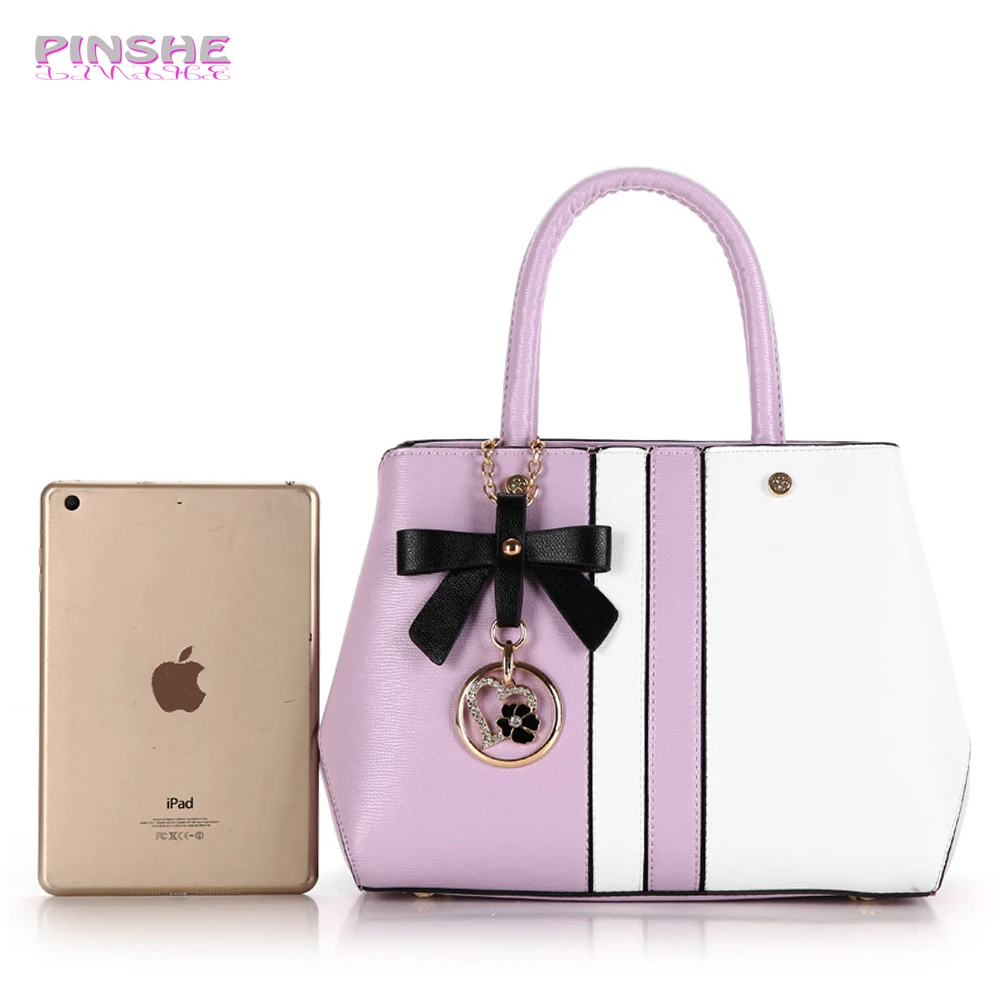 PINSHE 2017 Lady Fashion Bow flowers Stitching Pink Medium Bag Women Shoulder Messenger Bags Leather Handbag Designer | Багаж и сумки