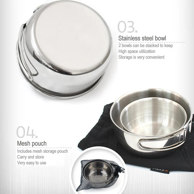 2 шт. складные миски из нержавеющей стали с сетчатым карманом для кемпинга