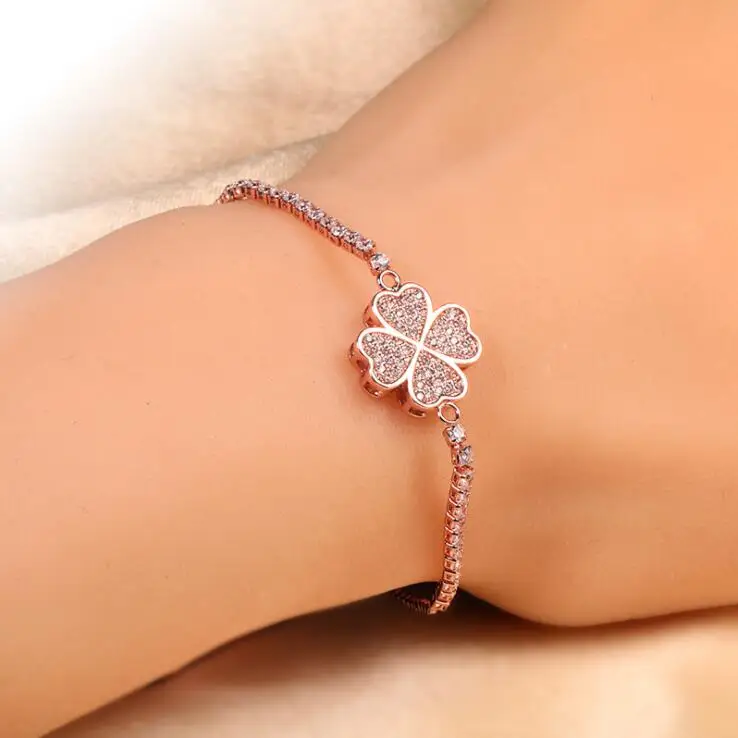 

Fashion Jewelry Adjustable Bracelet Clear CZ Zircon Female Jewelry Four Leaf Clover Heart Charm Bracelet For Women
