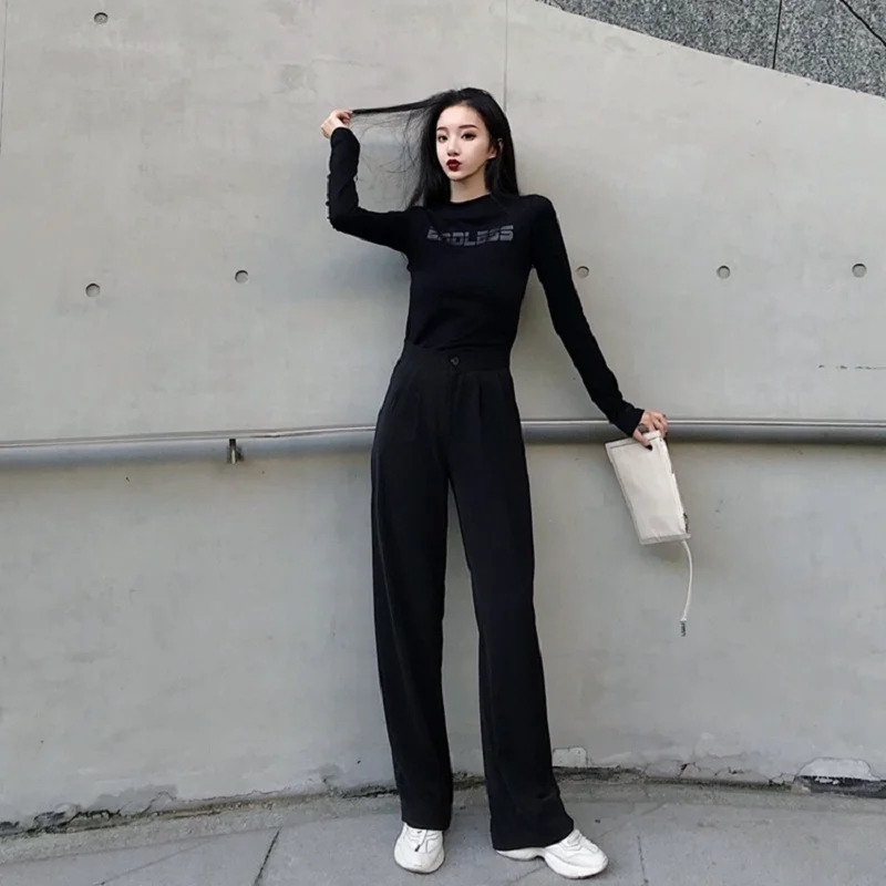 Autumn and winter new letter printing black Slim thin long sleeve bottoming T-shirt women | Женская одежда