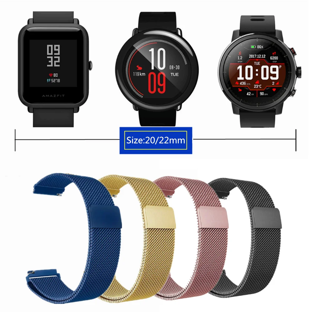 22 мм 20 нержавеющий металлический ремешок для Xiaomi Amazfit Bip Pace на запястье Миланская