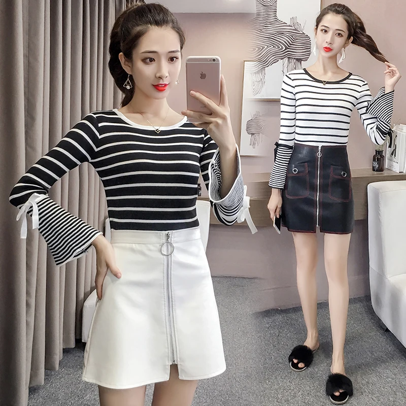 Fashion Women Sweater Knitted Top Striped Flare Long Sleeve Casual Slim Autumn Clothing Elegant Pullovers | Женская одежда