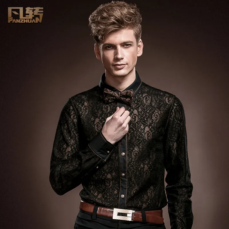 FANZHUAN Free Shipping New male Men's Court Sexy Black Lace Wedding Banquet Nightclub Dress Perspective long sleeved shirt 14225