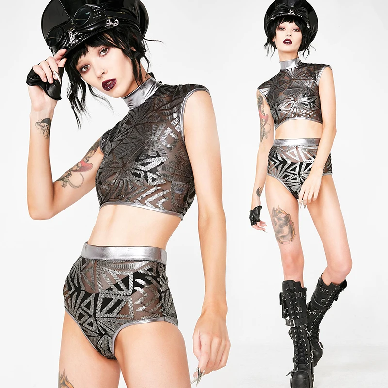 2020 ночной клуб DS женщинам комплект нижнего белья в сеточку с блестками и DJ