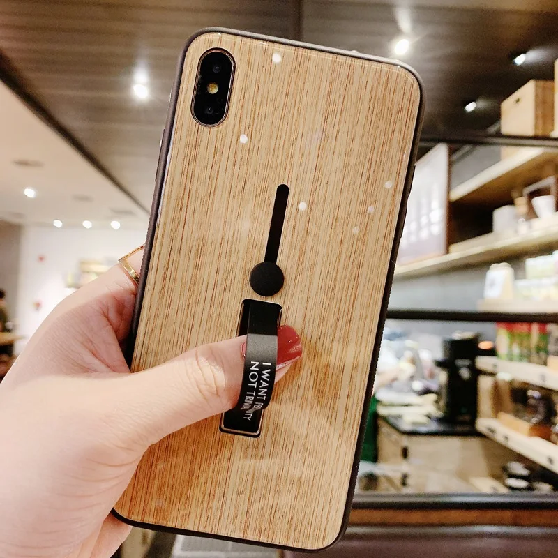 Case for IPhone 7 X XR 8 6S XS 6 Luxury Natural Wooden Grain Loop Ring Cases Iphone Plus Glass Mirror |