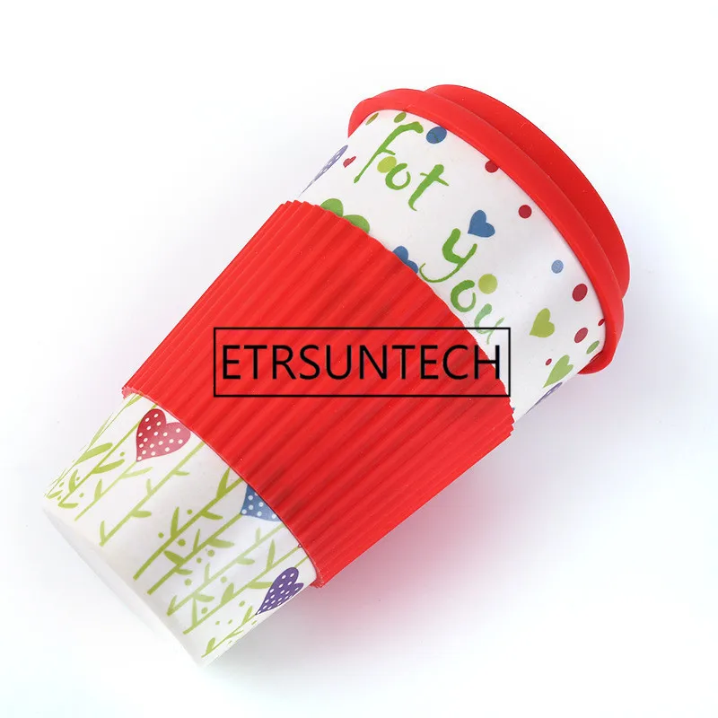Taza de caf&eacute; de fibra de bamb&uacute; ecol&oacute;gica con tapa de silicona reutilizable y manga para bebidas, regalo de viaje al por mayor, 6 estilos, 60 unids/lote-4