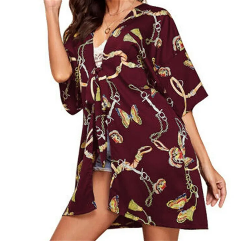 New Fashion Womens Ladies Floral Kimono Cardigan Boho Beach Style Half Sleeve Tops Blouses Summer Bohemian |