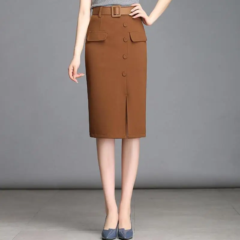 

Spring Summer Office Lady Womens Slim High Waisted Black Placket Single Breasted Skirt , Female Elegant 4XL Knee Length Skirts