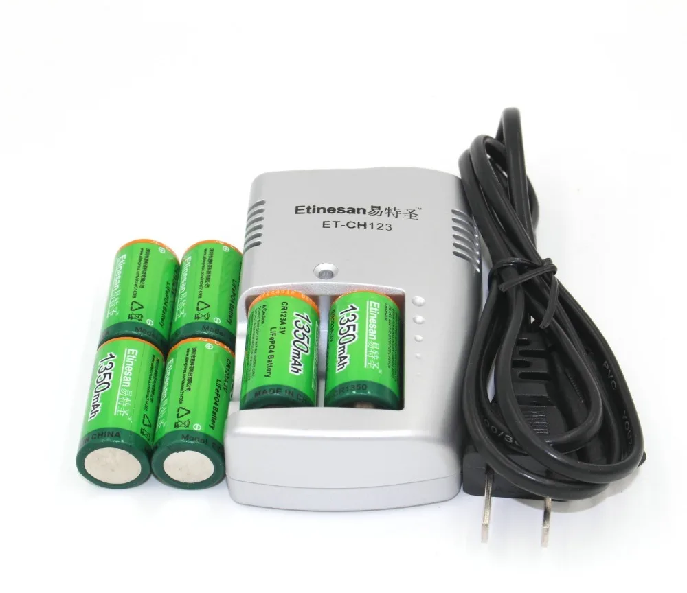 Супер 6 шт Etinesan 1350mAh 3v CR123A перезаряжаемая LiFePO4 батарея литиевая с зарядным