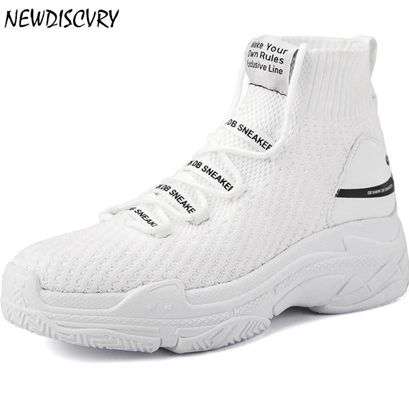NEWDISCVRY Plus Size 36-46 High Top Men's Sock Sneakers 2019 Spring Men Knit Breathable Shark Shoes Male Platform Footwear Black |