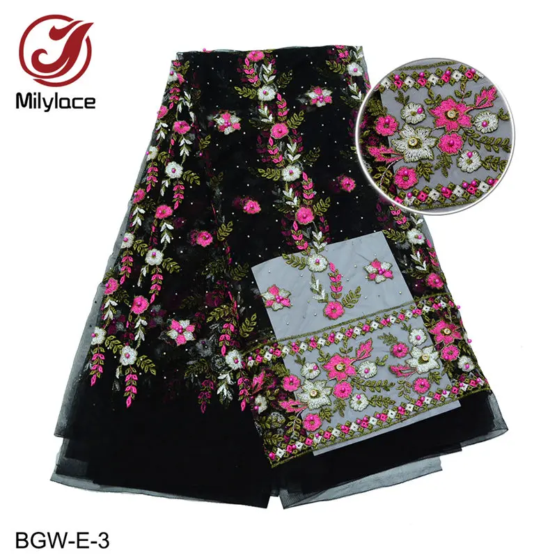 black Milylace популярный дизайн, розовая кружевная ткань, вышитая бисером, Африканское свадебное платье, кружевная ткань, 5 ярдов в партии, сетка, тюль, кружево, BGW-E - Цвет: black
