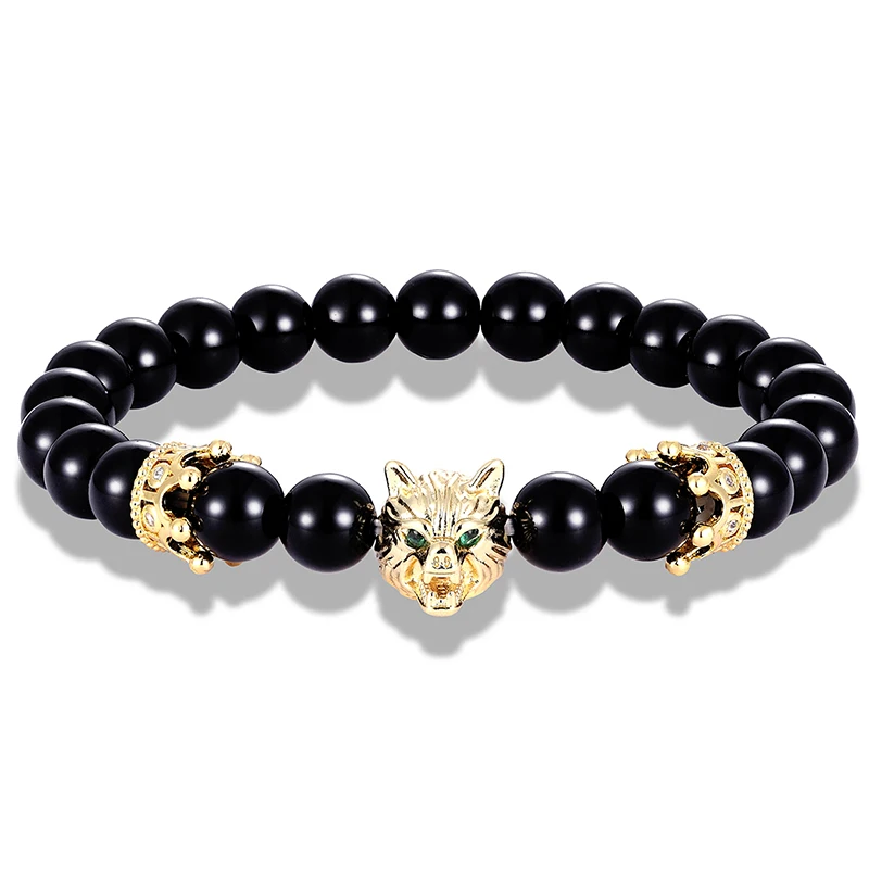 

LIVVY New Fashion Wild Wolf Head Crown Couple Bracelet Distance Natural Stone Pearl Bracelet Boyfriend Gift Glamour Jewelry