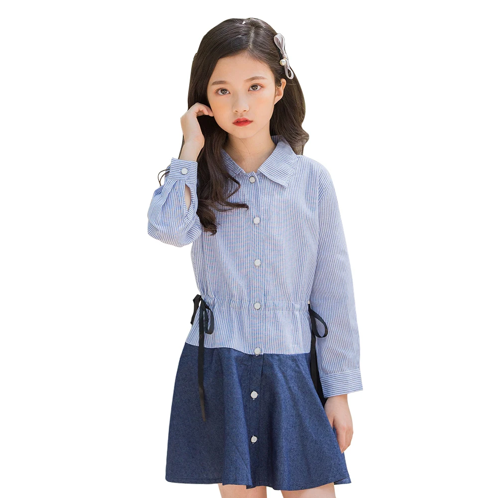 striped cotton shirt dresses age for 8 - 16 yrs teenage girl long sleeve dress 2018 school style autumn winter frocks girls | Детская