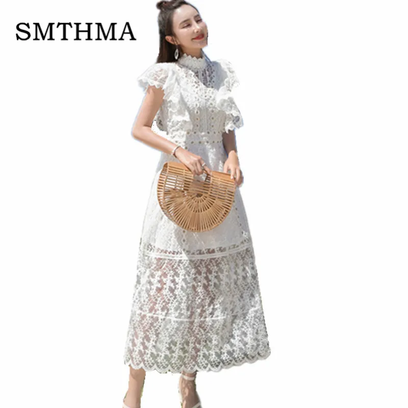 Женское кружевное длинное платье SMTHMA, летнее белое кружевное длинное платье из легкой ткани с вышивкой, лето - Цвет: picture color