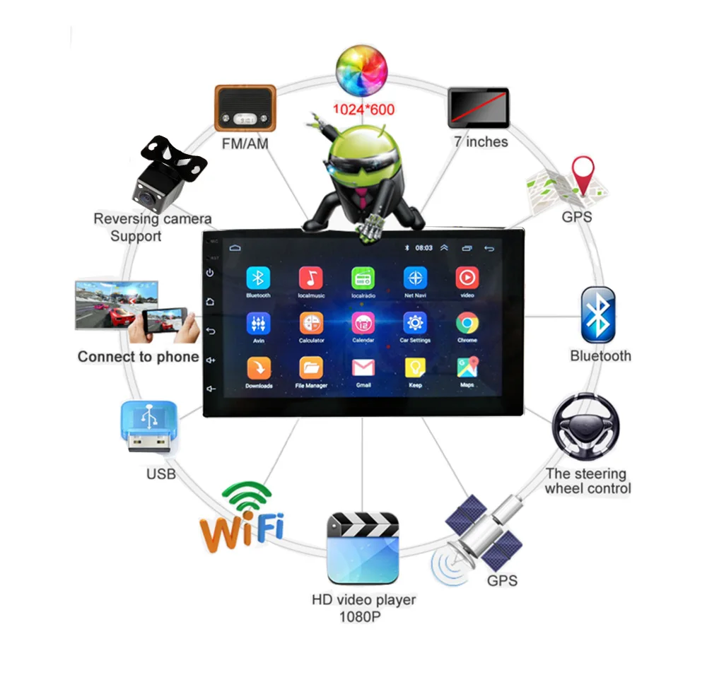 Автомобильный мультимедийный плеер 2DIN с сенсорным экраном 7 дюймов Android Bluetooth GPS Wi