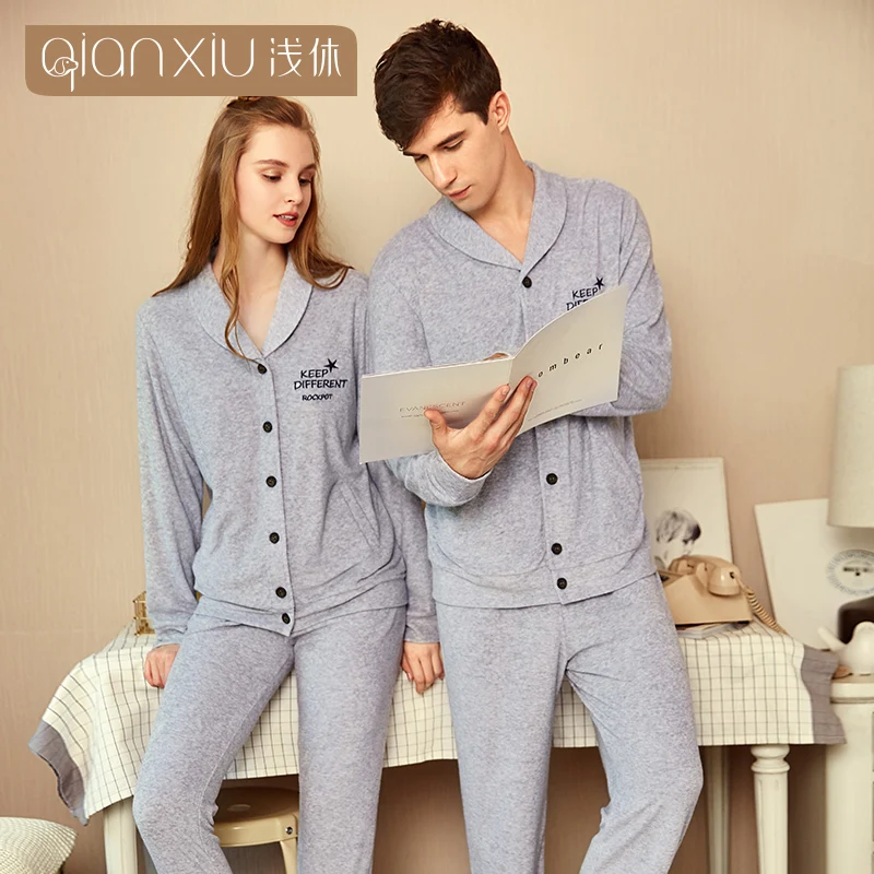 

Qianxiu Pajamas Fashional Patchwork Men Pajama Set For Lovers Kintted men Homewear for couples 18139