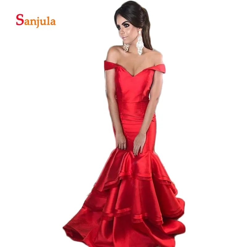 Красное вечернее платье русалки с открытыми плечами длинная юбка в складку D977