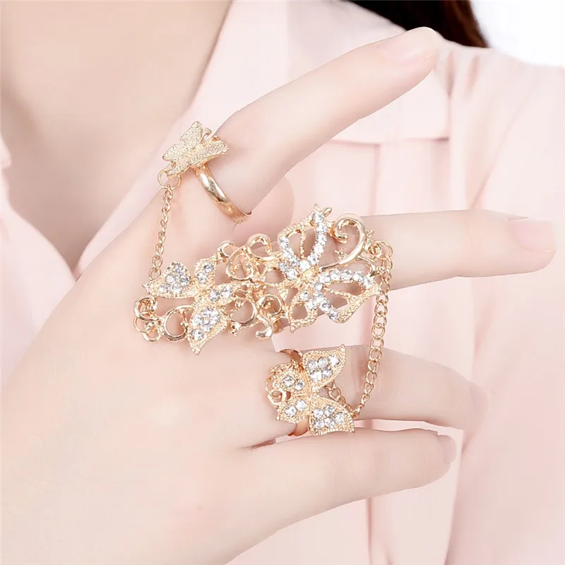 Pinksee Кристалл Бабочка ведомая звеньевая цепь кольца на палец для женщин запястье
