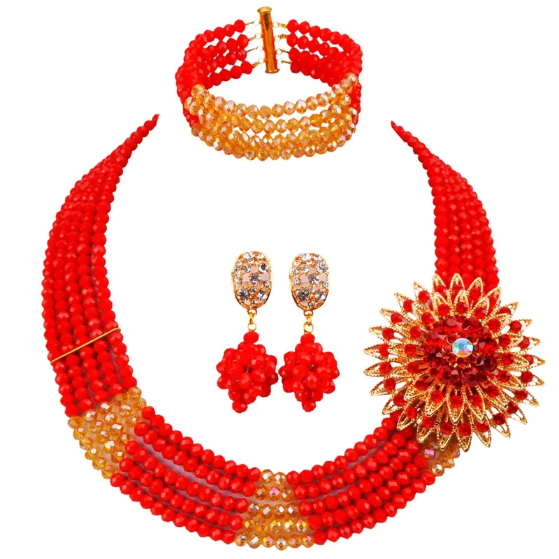 

Handmade Fashion Imitation Opaque Red Champagne Gold AB Crystal Beads Engagement Necklace Earring Sets for Couples 5C-SJ-10