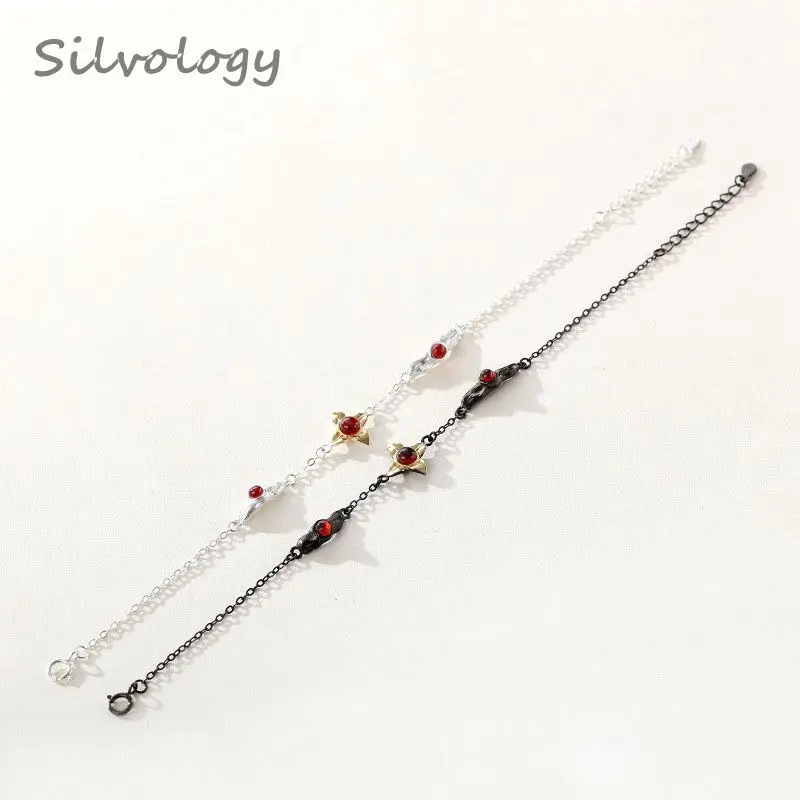 Silvology 925 пробы Серебряный натуральный гранат цветок браслеты оригинальные офисные браслеты для женщин студентов Ювелирное Украшение на день рождения