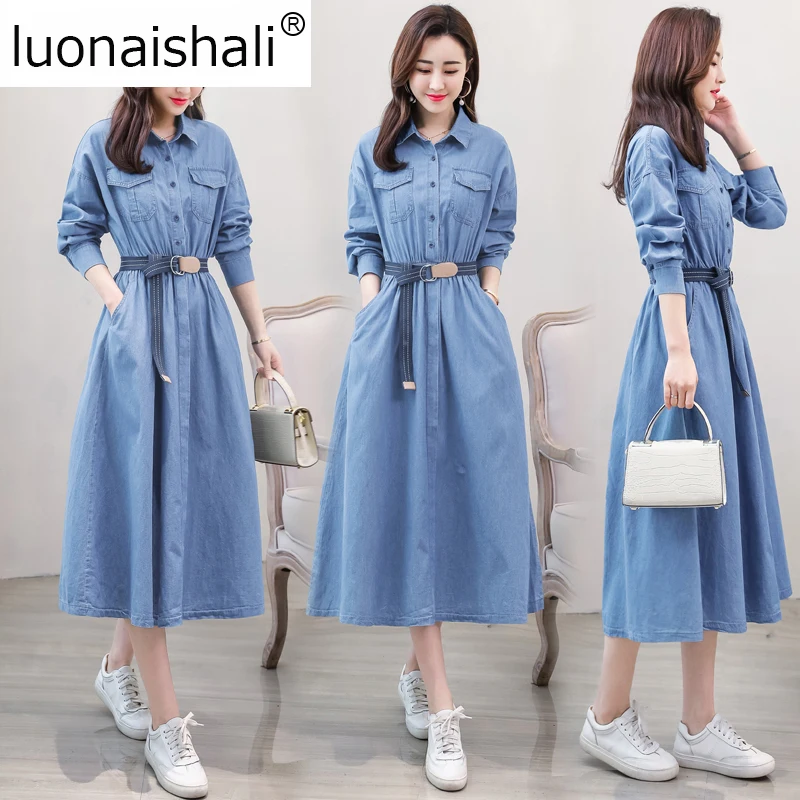 Женское свободное джинсовое платье с длинными рукавами длинное платье-рубашка
