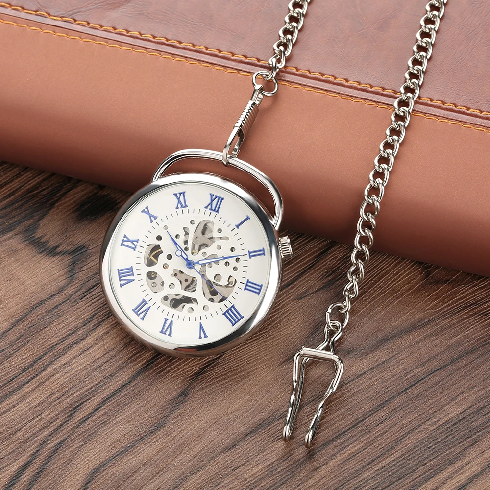 Hand Operated Mechanical Pocket Watch for Man, Silver Case Blue Roman Digital Pocket Watches for Boys, Large Watch for Teenager