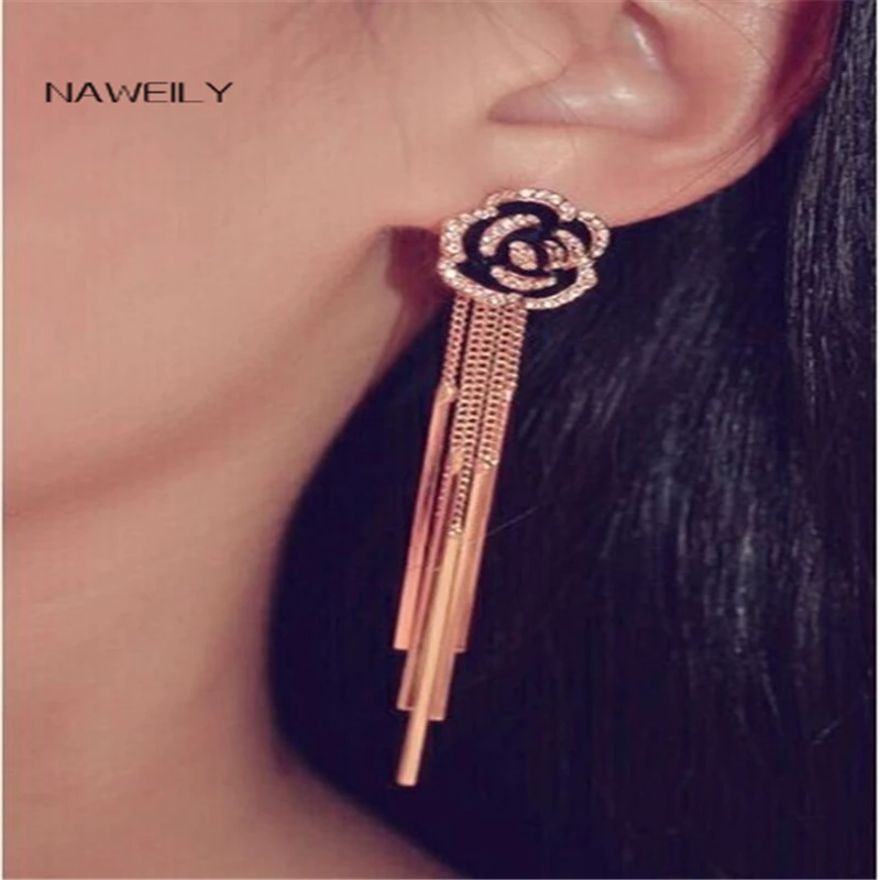 Женские винтажные длинные серьги камелии висячие с кристаллами известного