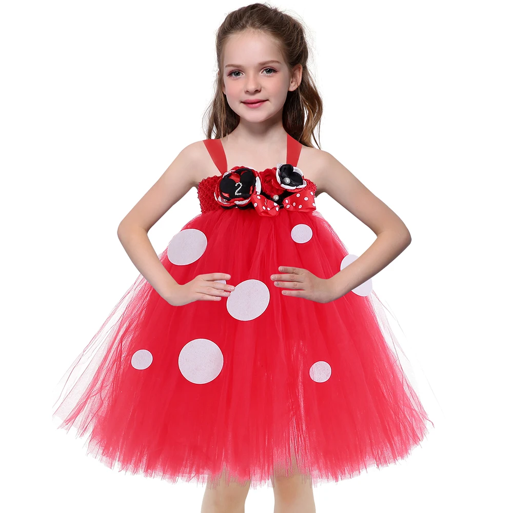 

Lovely Girl Minnie Cartoon Tutu Dress Baby Girls Red Crochet Tulle Dresses with Dots Bow Kids Birthday Party Costume Clothes