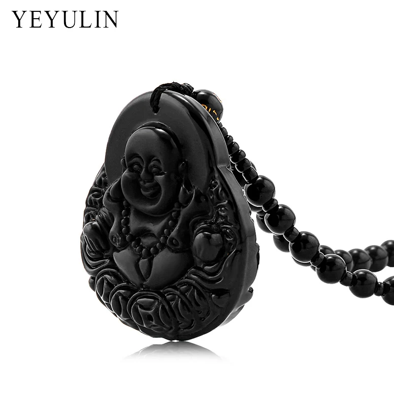 Чудесный резной кулон с изображением Будды и Гуаньинь Maitreya Lion Black Obsidian Lucky blession ожерелье ювелирные изделия для женщин и мужчин