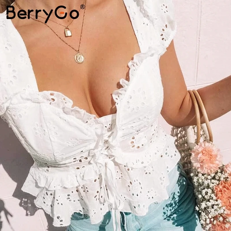 BerryGo винтажная кружевная блузка с v образным вырезом и баской рубашка топ Женская
