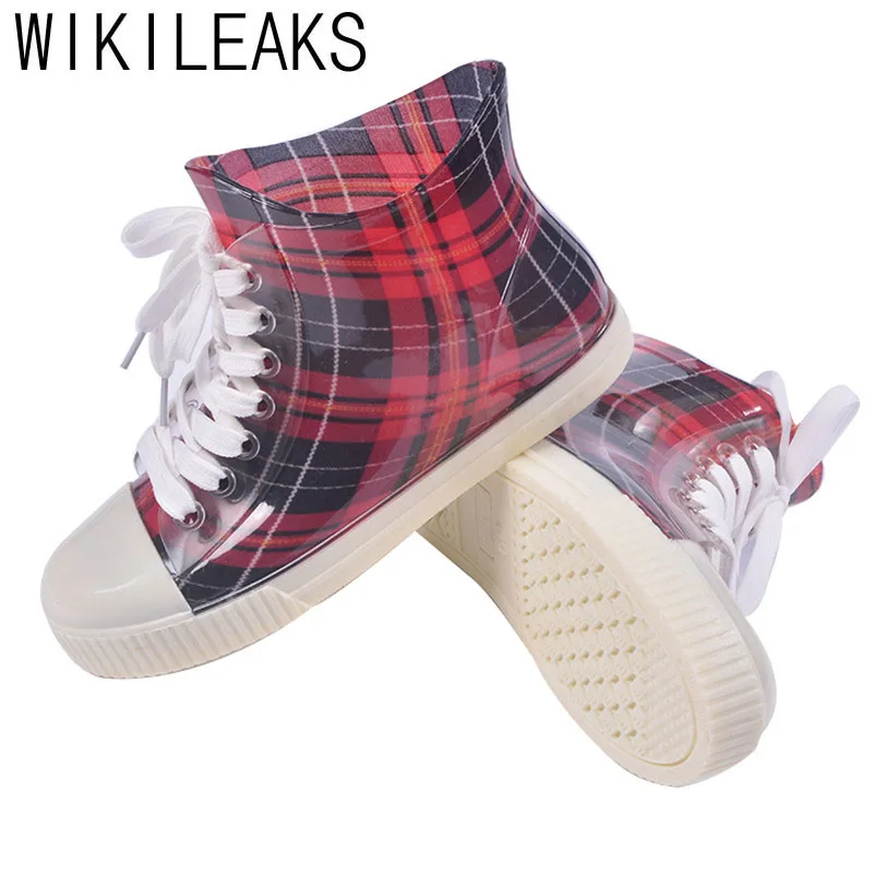 Обувь Женщина 2016 Осень Резиновые Круглого Toe Красный Плед Шнуровке Лодыжки Дождь