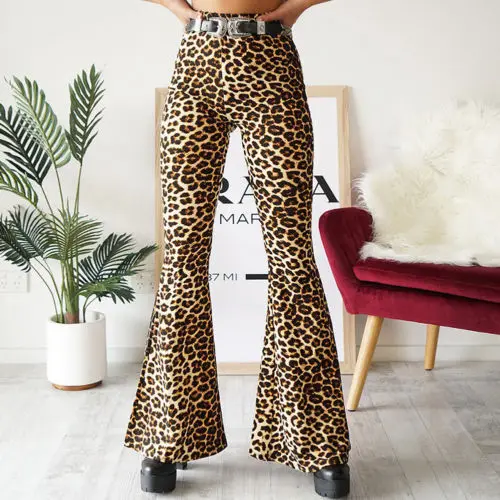 Leopard Женские модные сексуальные леопардовые с высокой талией широкие расклешенные повседневные женские брюки свободные Стрейчевые брюки-клеш - Цвет: Leopard