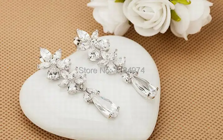 New Wedding Big Earring Long Earrings Cubic Zirconia Flower Drop Ear Rings High Quality Luxury Zircon Brand Jewelry | Украшения и