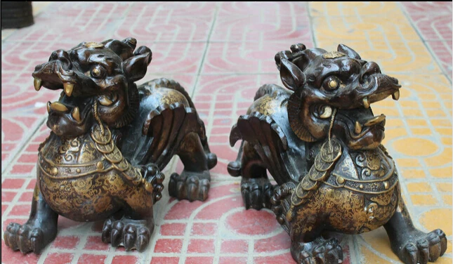 huij 006924 14 Chinese Bronze Feng Shui Wealth Unicorn Beast Pi Xiu Sculpture Statue Pair |