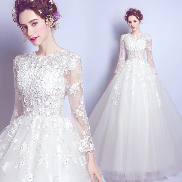 

Perspective Lace Long Sleeves Stereo Flowers Princess Wedding Dress 607