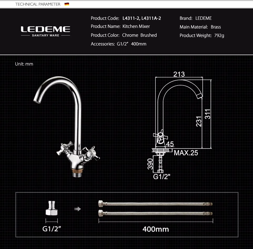 LEDEME Смеситель для кухни с гайкой латунь Цвет: сатин L4311A-2