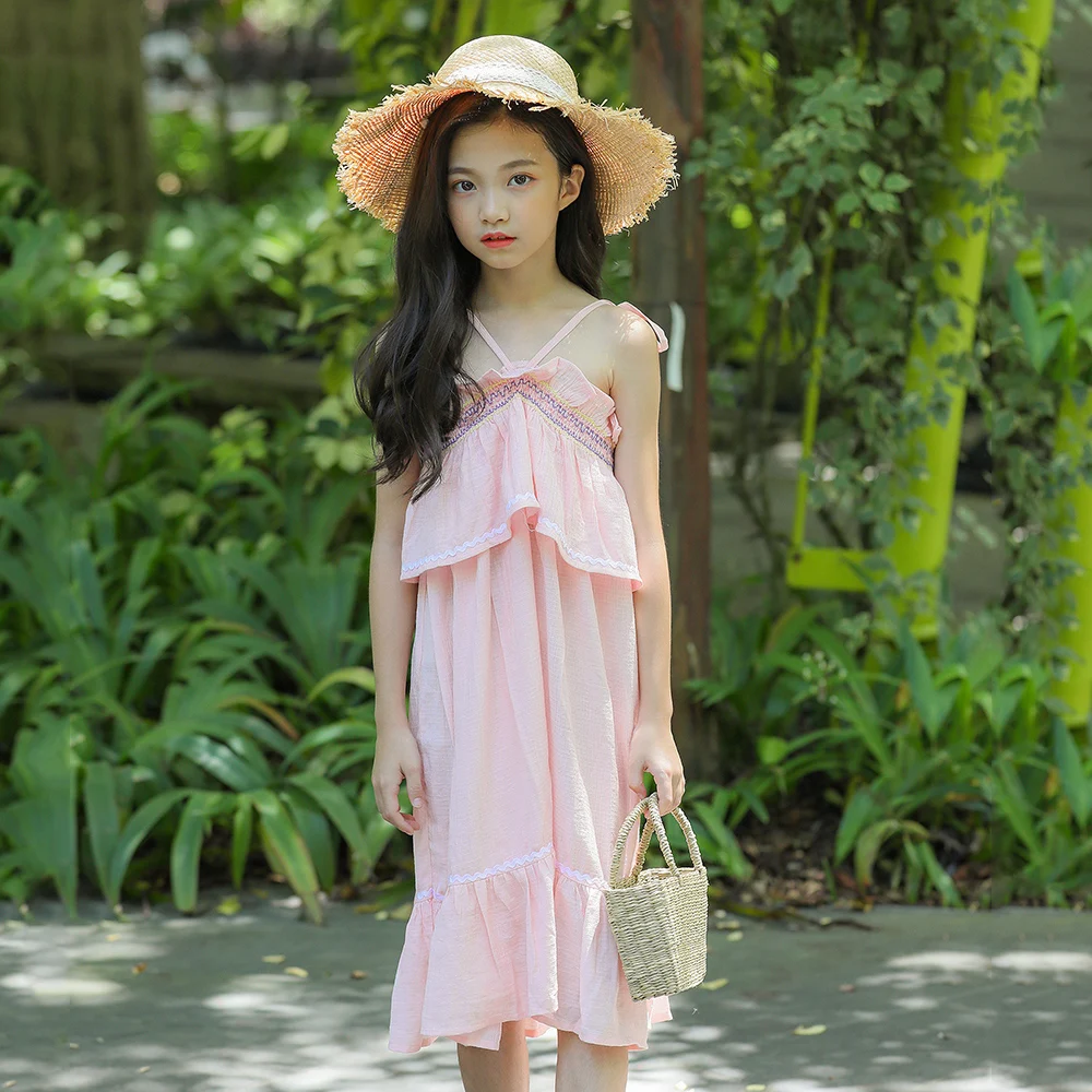 B-646 2019 New Fashion Summer Girl Casual Sling Dress Child Red Dresses Popular Holiday Bare Shoulder Sleeveless Beach | Детская одежда