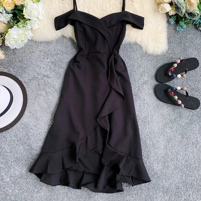ALPHALMODA женское изящное плиссированное платье с открытыми плечами, тонкое асимметричное платье на бретельках, Летнее Платье До Колена