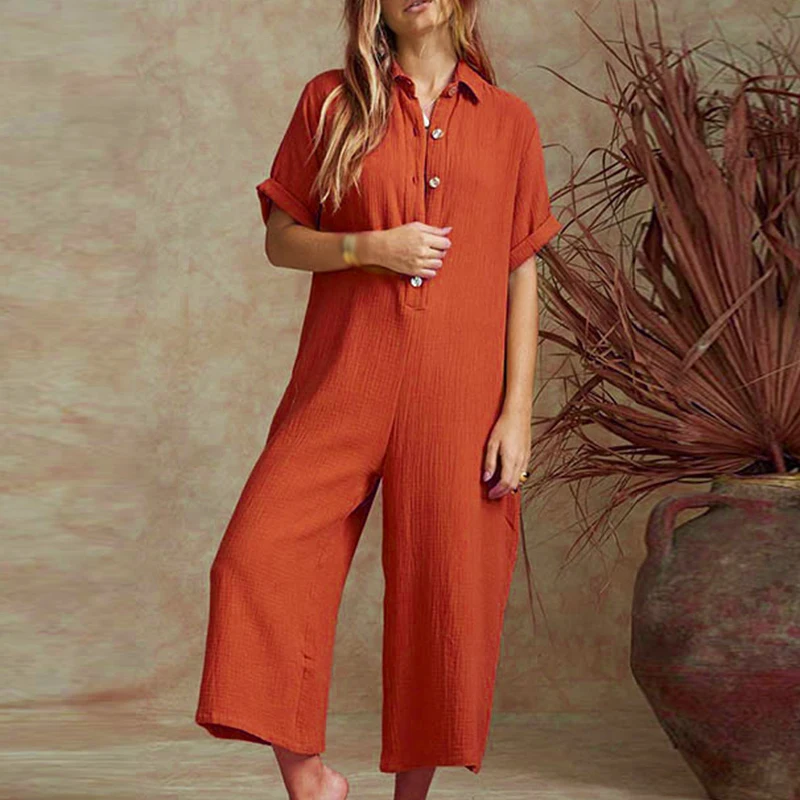 Baggy Jumpsuit Streetwear Clubwear Harem Summer Loose Short Sleeve Casual Buttons Collar Overalls Beach Party Fashion | Женская одежда