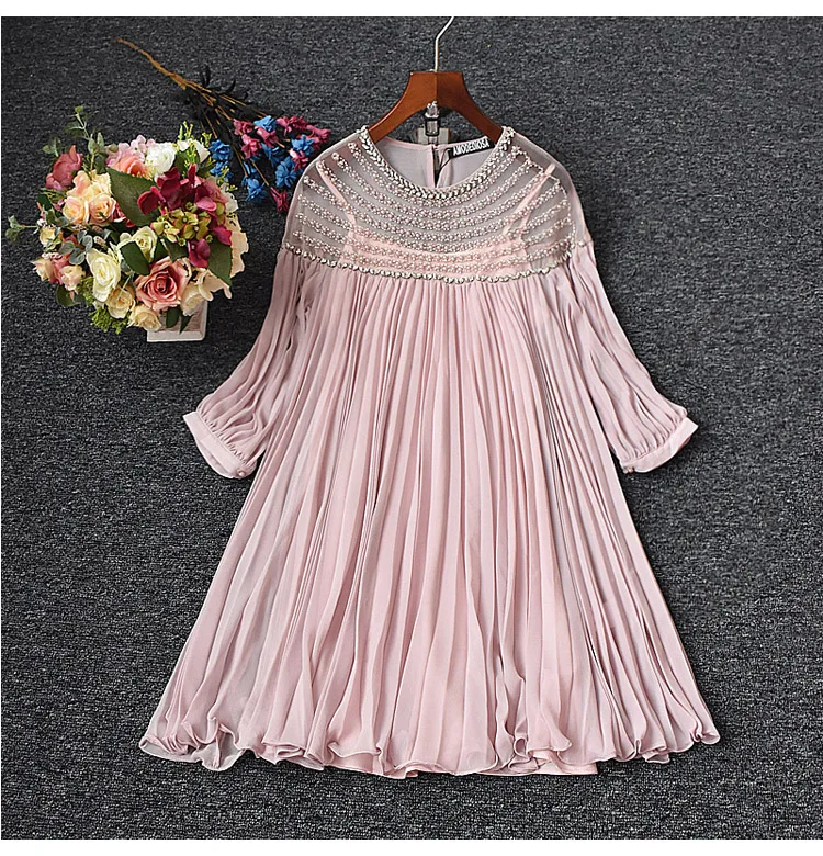 

Chiffon dress pink2018 spring summer women handmade beading loose a-line dress pleated black chiffon female new arrive plus size
