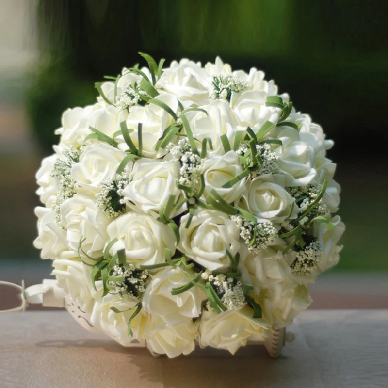 Ramos de Novia ручной работы искусственный ленты цветок Букеты Свадебные Ivory Rose букет