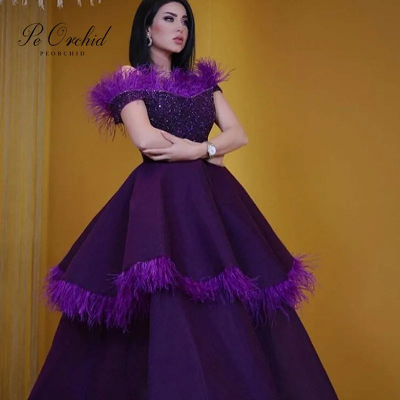Вечернее темно фиолетовое платье с перьями и бисером PEORCHID Abiti Da Sera Eleganti женские