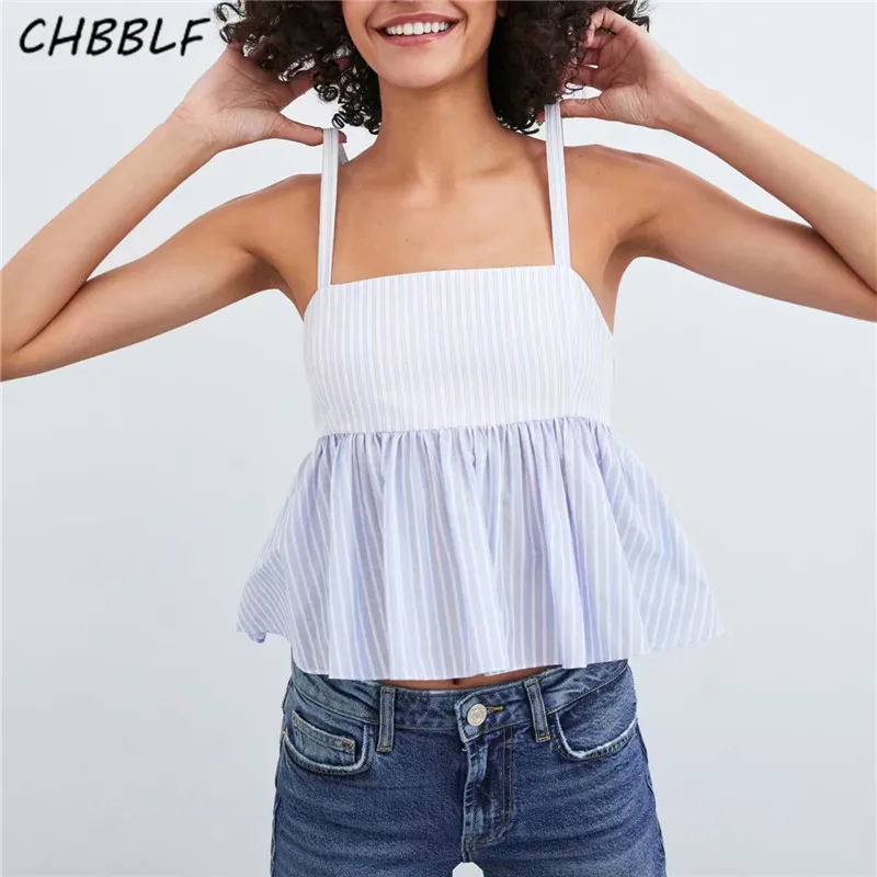 CHBBLF women striped short style camis blouse sleeveless backless pleated tops side zipper female chic shirts BGB9099 | Женская одежда
