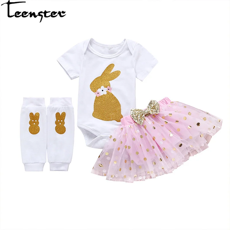 Newborn Baby Girl Clothes Bodysuit&ampmesh Bow Bubble Skirt&ampFoot Sleeve Summer Toddler Infant Clothign Set Outfits Rabbit Printed | Детская