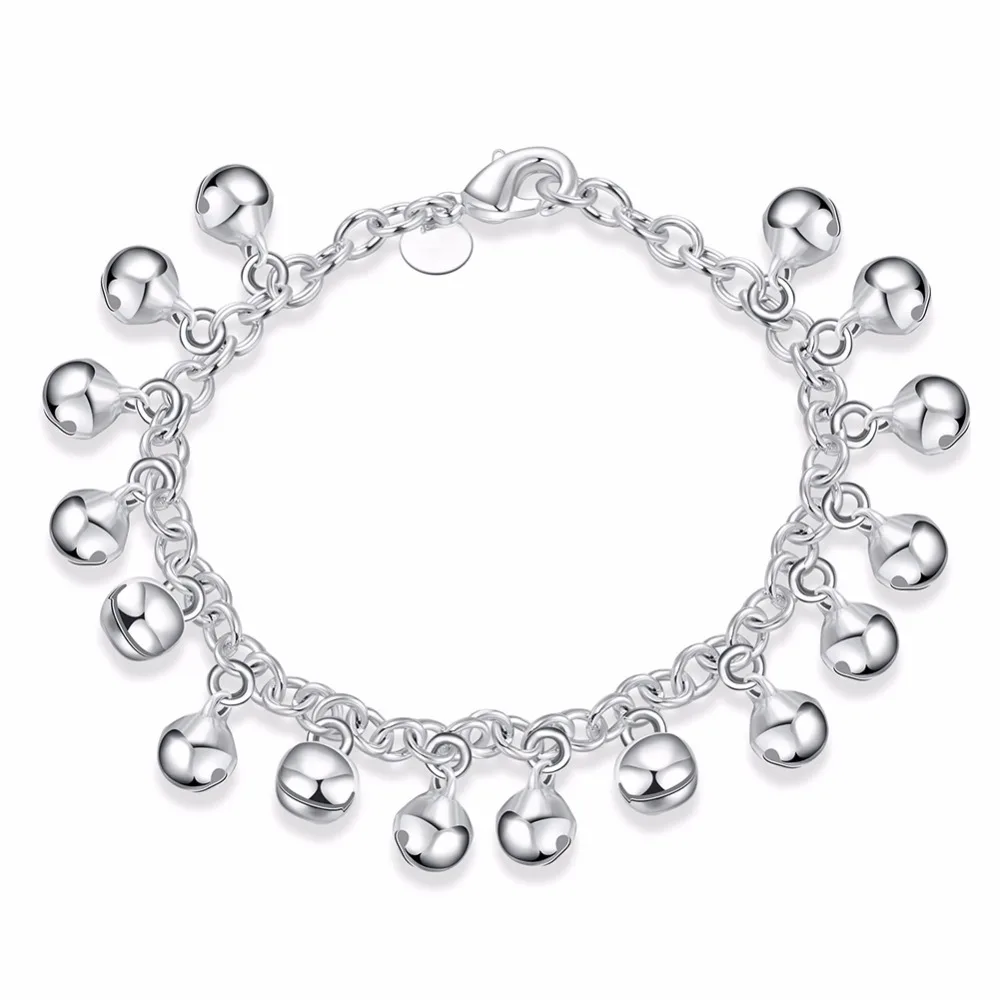 

Fine Jewelry Woman's Charm Bracelet 925 stamp silver color Rolo Hand Chain Small Bells Bracelet Bangle For Women Girls
