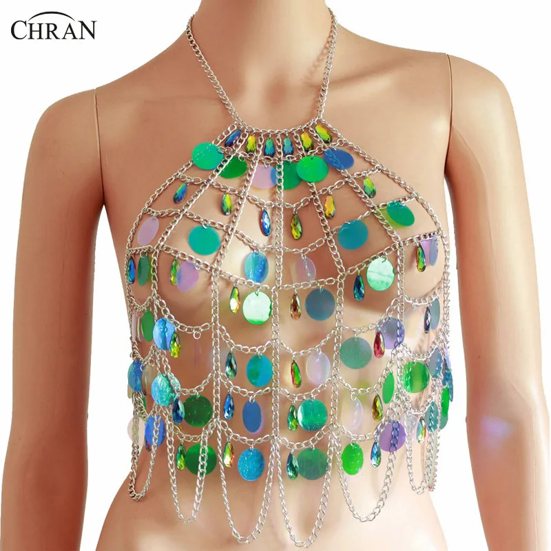 

Chran Sexy Mesh Sequin Bralette Burning Man Festival Jewelry Teardrop Beaded Body Chain Dance Wear